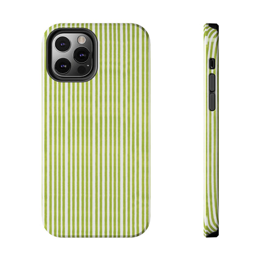 Green and white striped phone case with visible camera cutout and side buttons.