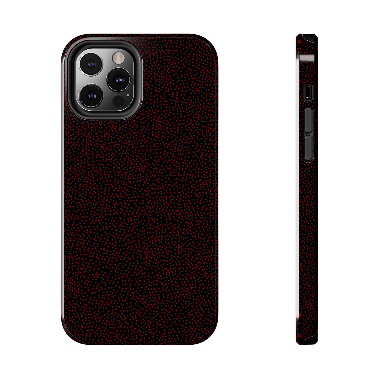 Dark phone case with a pattern of small red dots, showing back and side views with camera cutout.