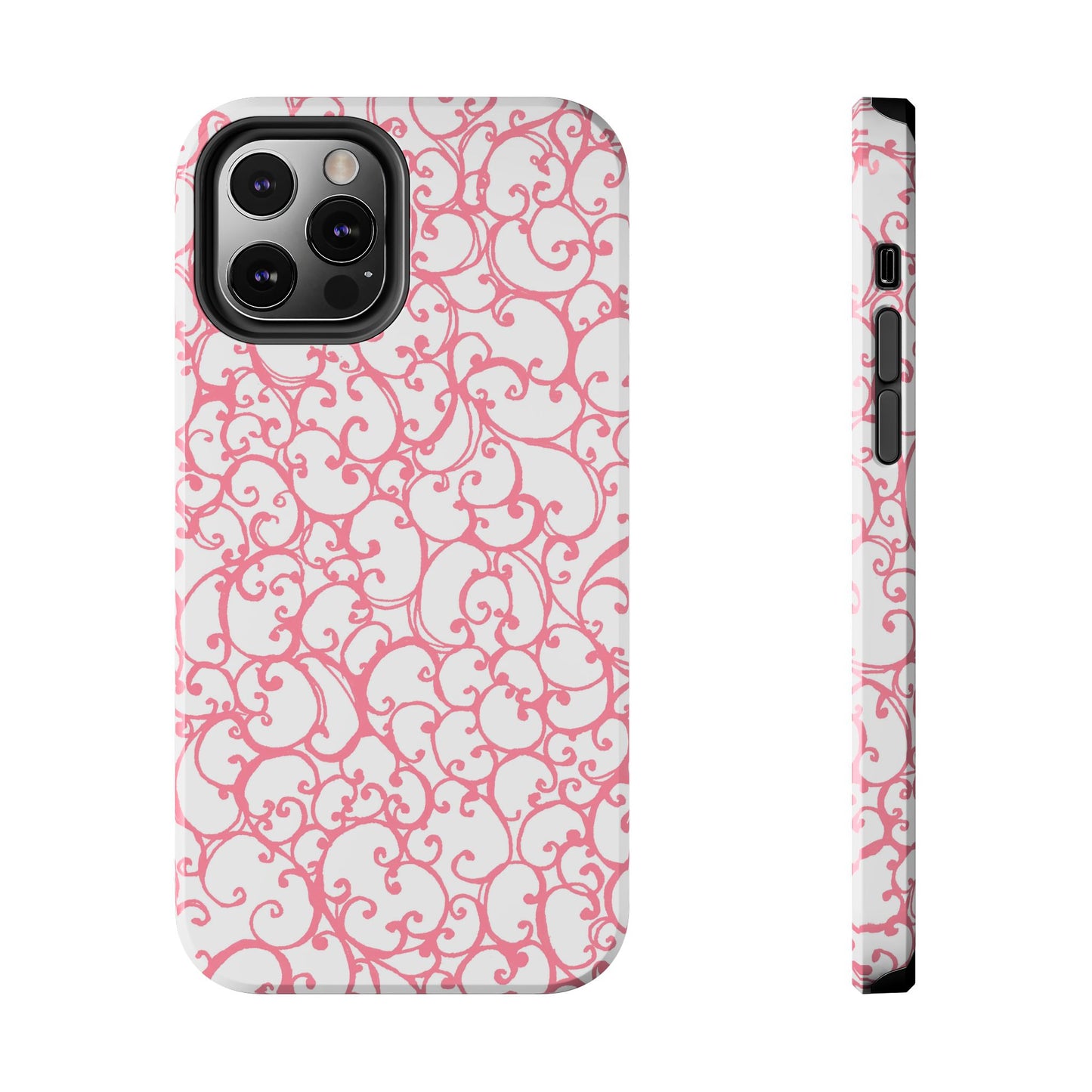 White phone case with pink floral swirls, shown from back and side angles.