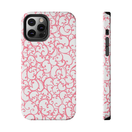 White phone case with pink floral swirls, shown from back and side angles.