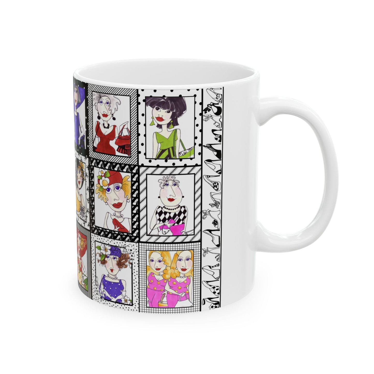 Mug with colorful cartoon women in varied outfits, framed in black and white squares.
