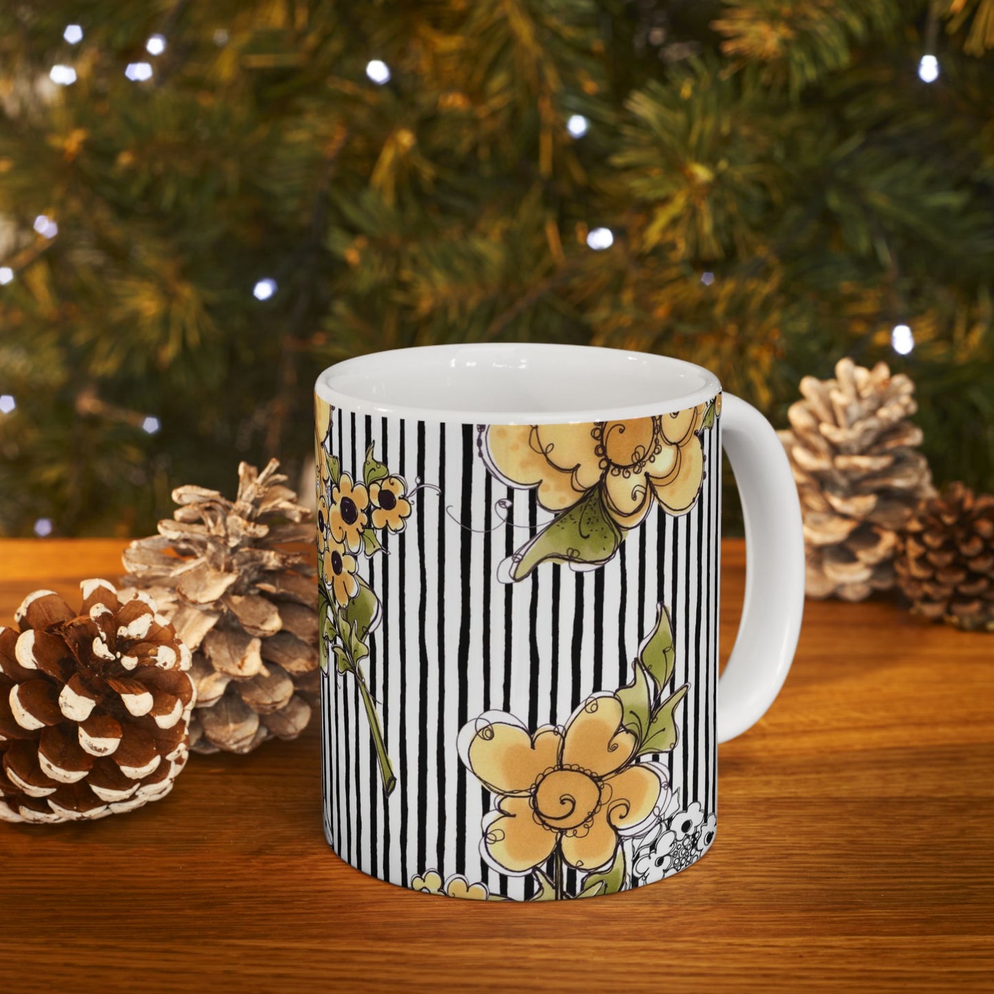 Bee Floral Stripe White / Black Cup
