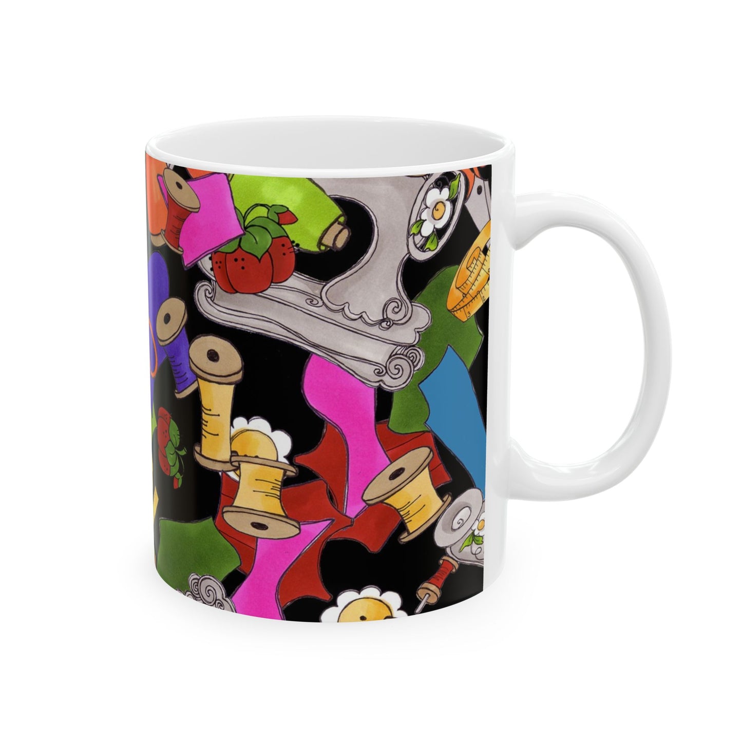 Colorful abstract mug with spools, strawberries, and swirls on a black background.