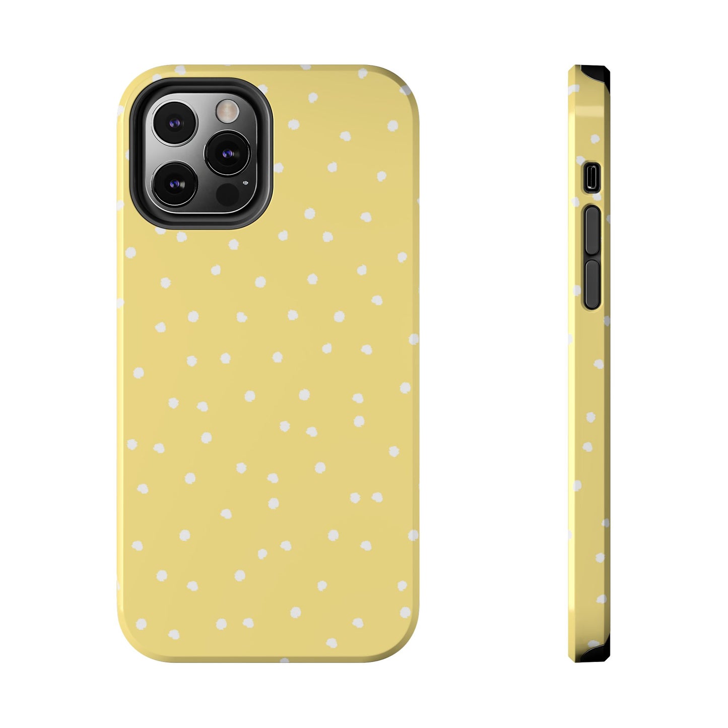 Yellow phone case with white polka dots, shown from back and side angles.