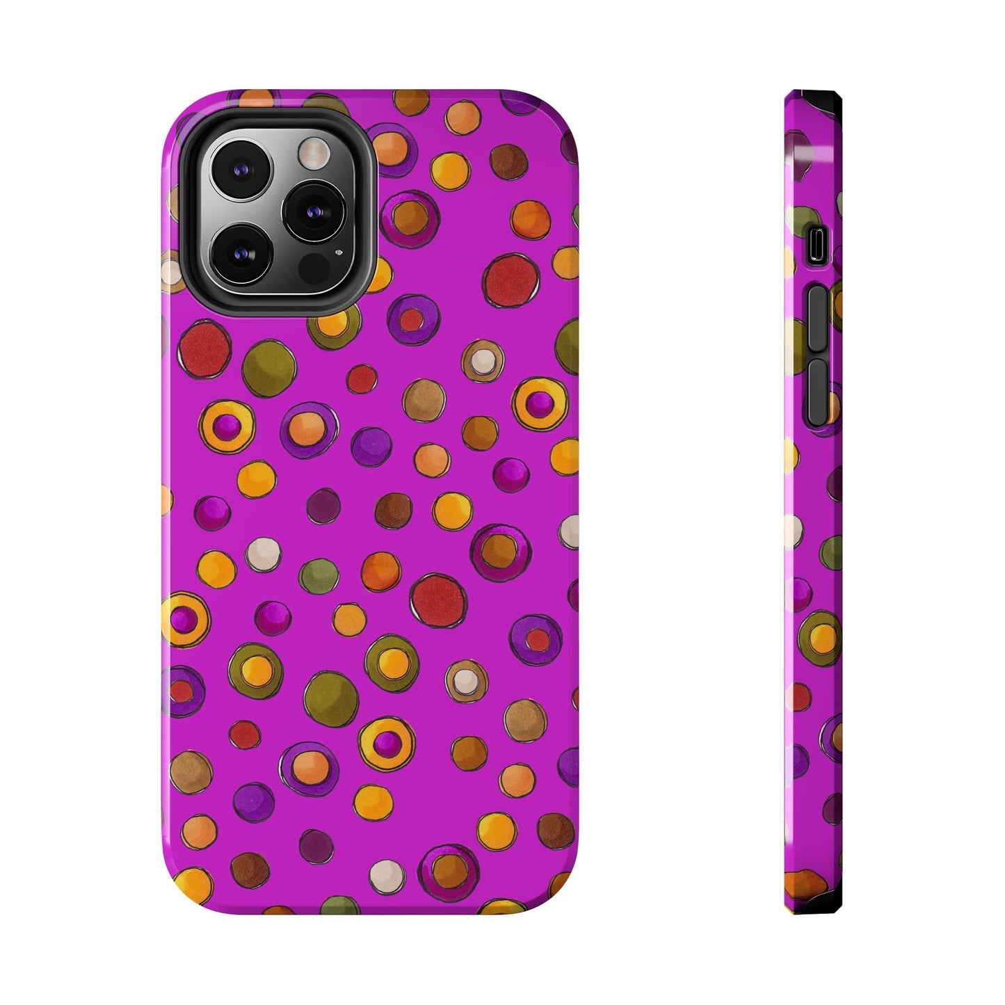 Purple phone case with colorful polka dots in orange, yellow, green, and red.