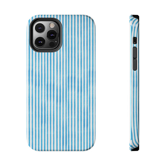 Blue and white striped phone case with camera cutout, shown from back and side view.