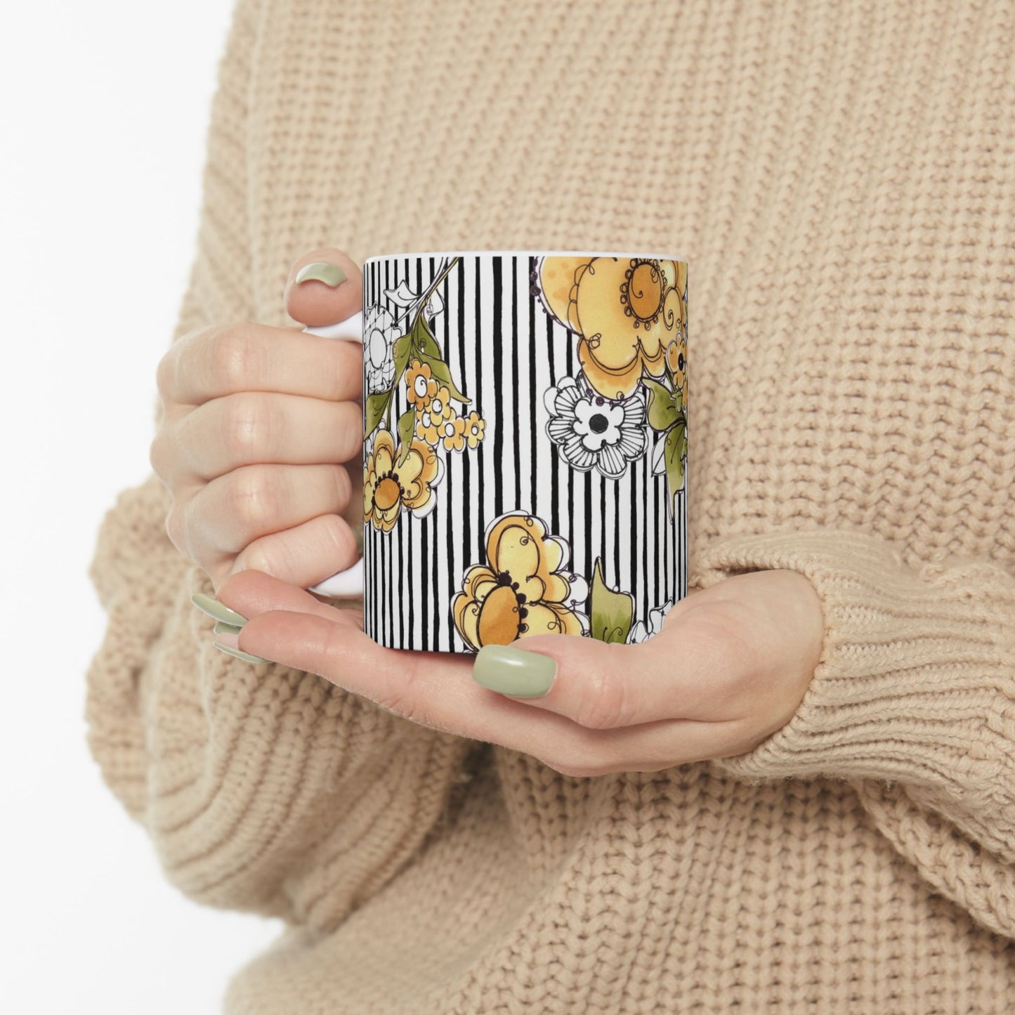 Bee Floral Stripe White / Black Cup