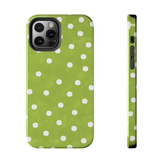 Green phone case with white polka dots, showing back and side views with camera cutout.