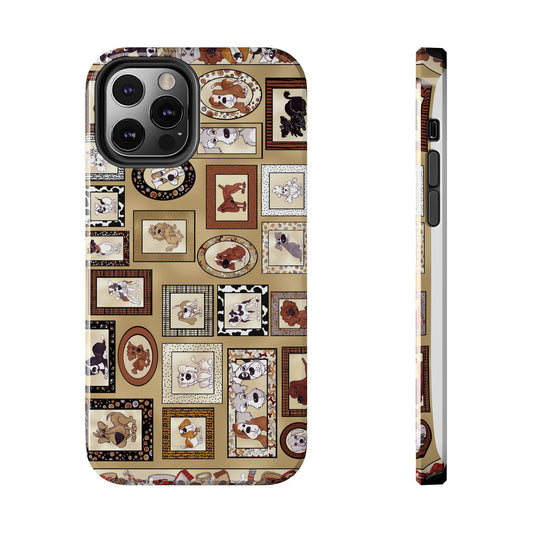 Phone case with a pattern of cartoon dogs in various frames on a beige background.