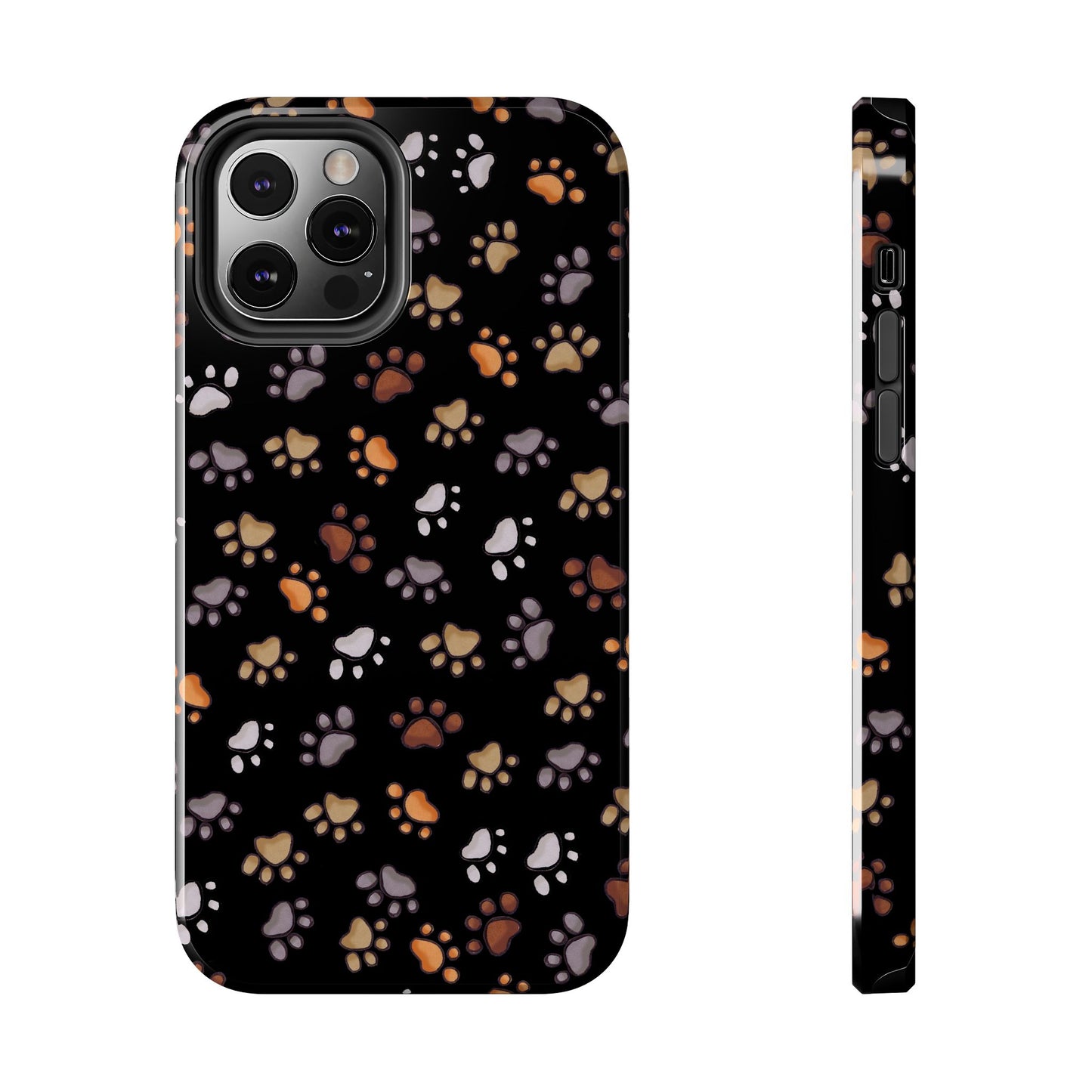 Black phone case with multicolored paw prints in orange, tan, white, and gray.