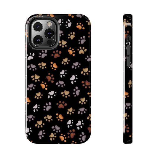 Black phone case with multicolored paw prints in orange, tan, white, and gray.