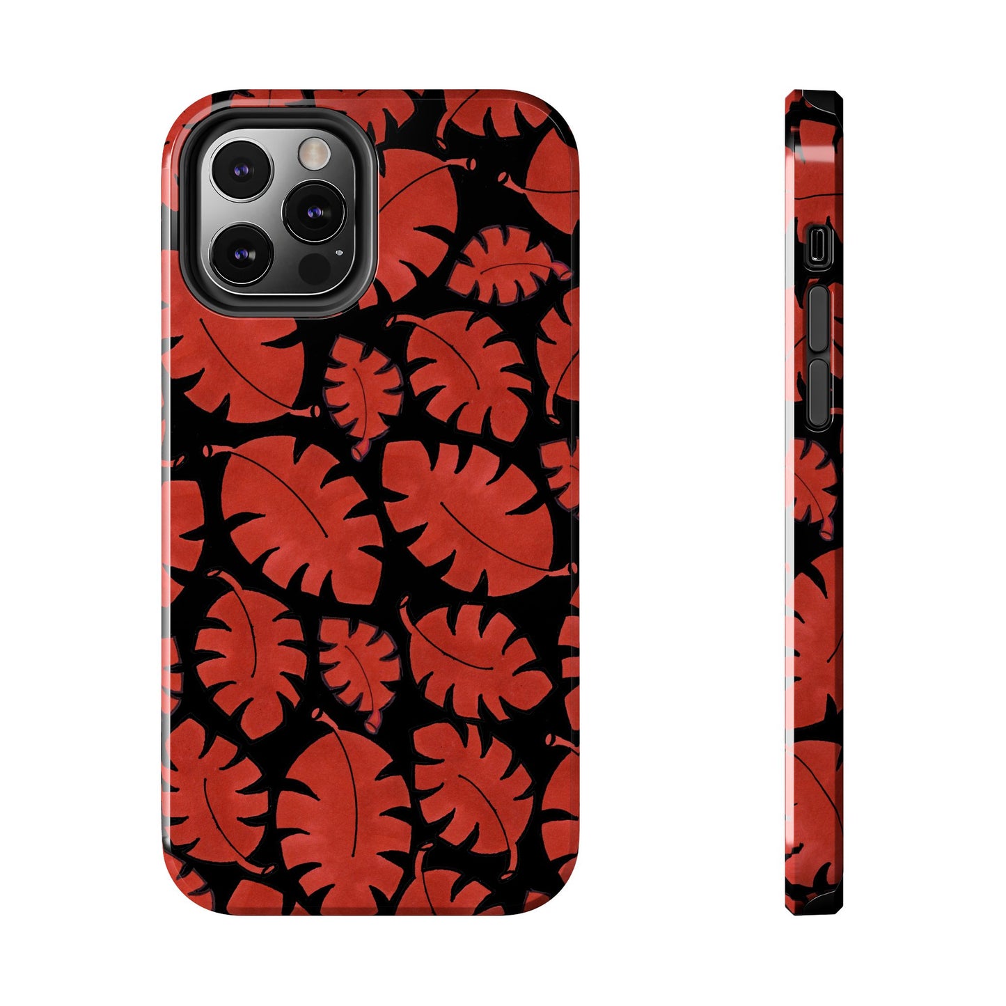 Phone case with red monstera leaves on a black background, showing front and side views.