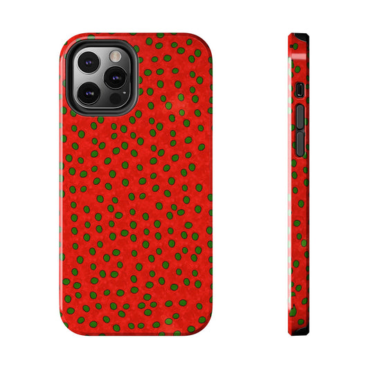 Red phone case with green polka dots, shown from the back and side angles.