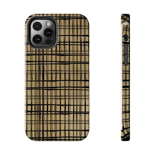Phone case with a tan background and black crisscross lines, shown from back and side views.