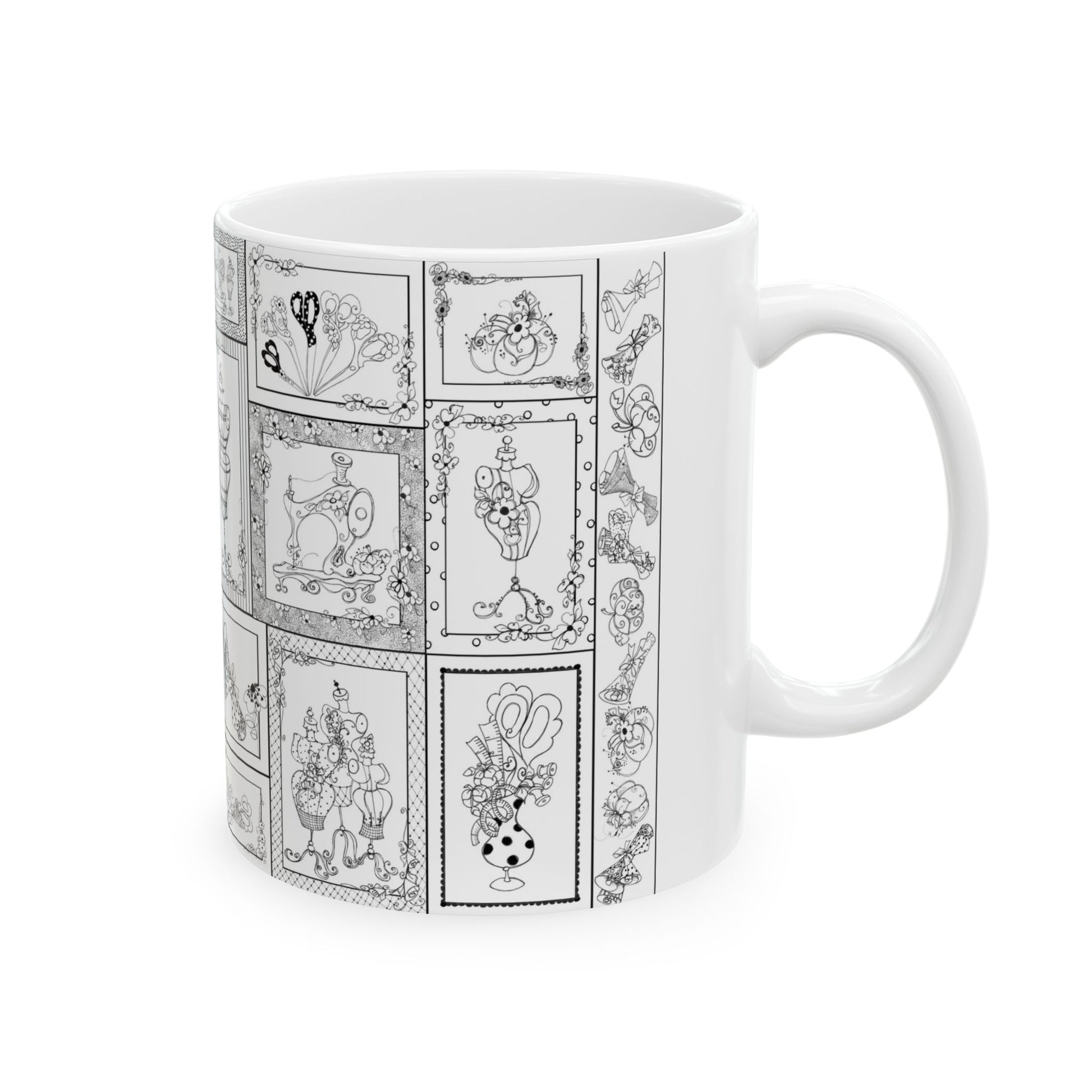 White mug with intricate black line art featuring vintage sewing-themed designs and patterns.