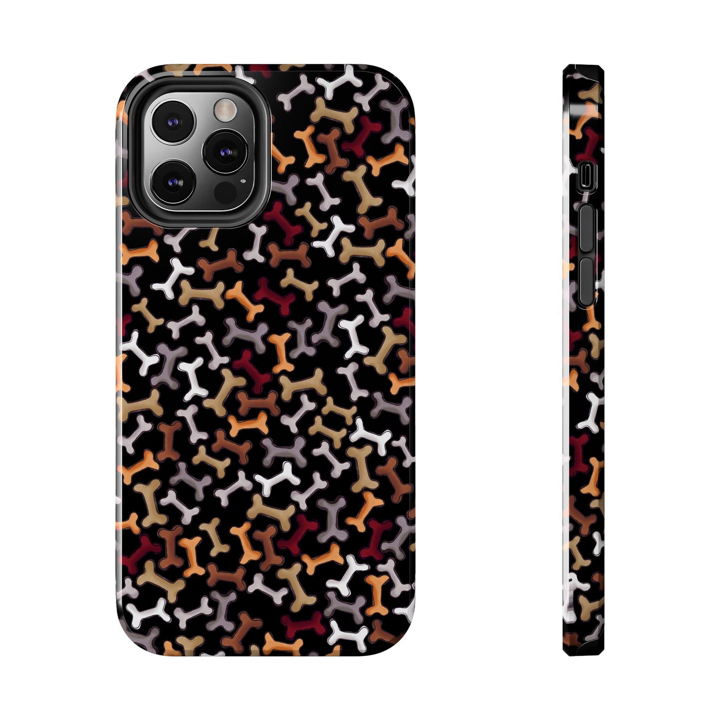 Phone case with multicolored bone pattern on black background, featuring side and back views.