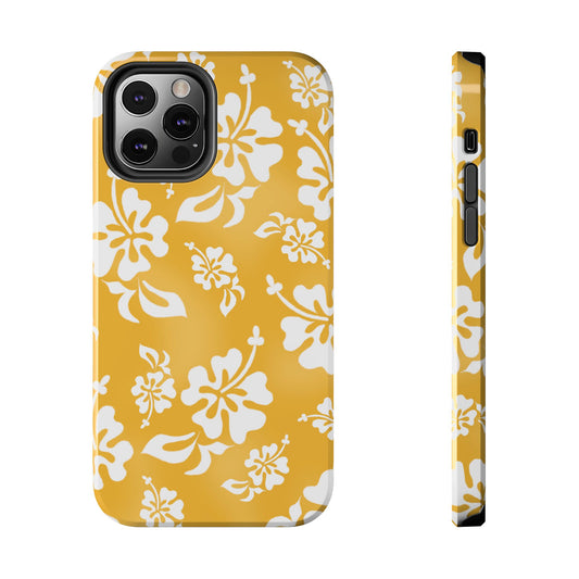 Yellow phone case with white floral pattern, featuring hibiscus flowers and leaves.
