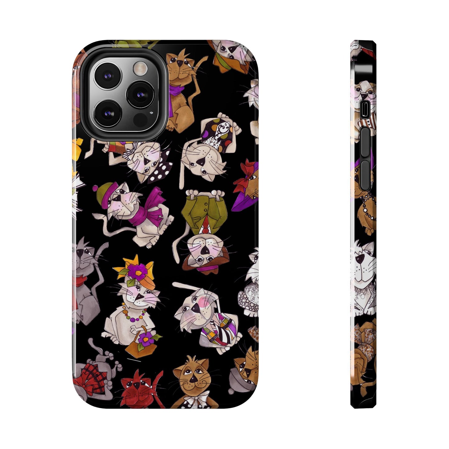Cartoon cats wearing colorful clothes on a black phone case, shown from front and side.