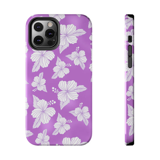 Purple phone case with white hibiscus flowers and leaves pattern, showing back and side views.