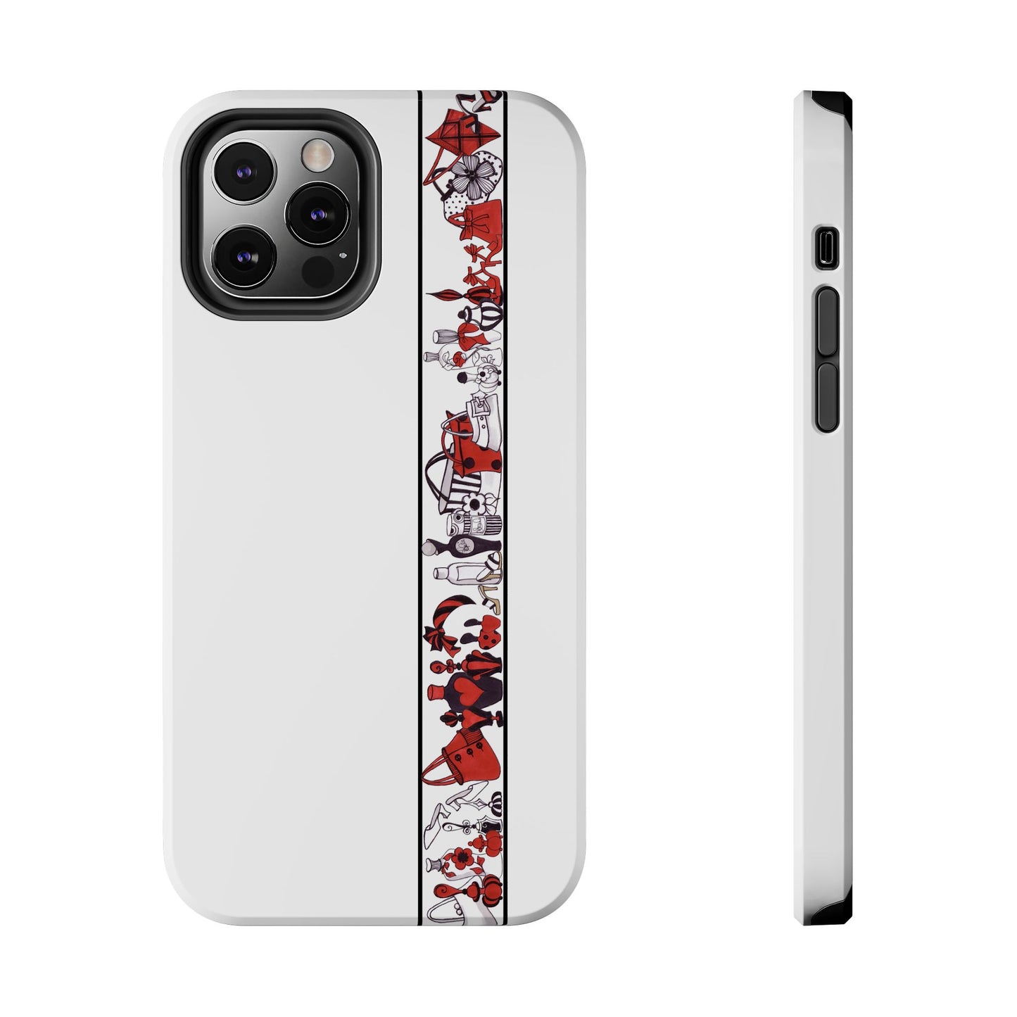 White phone case with a vertical red and black illustrated strip featuring various objects.