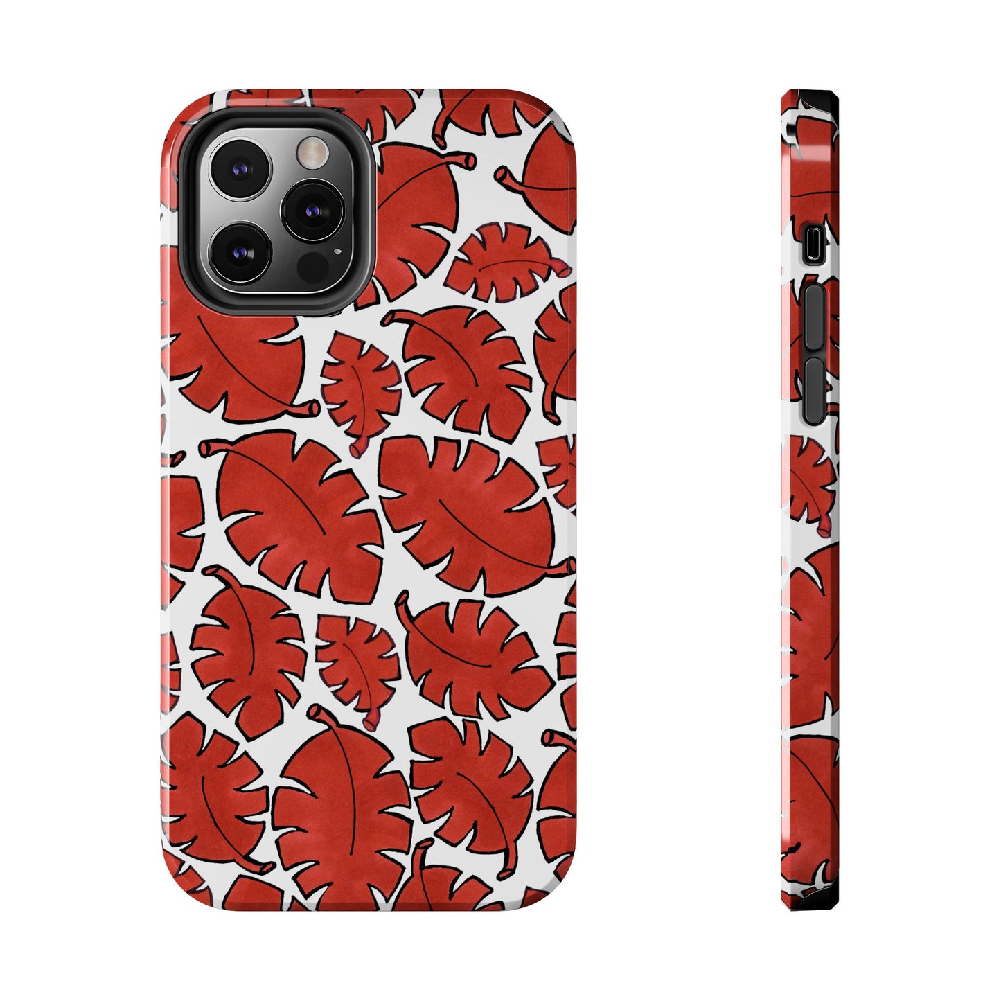 Red leaf pattern on a white phone case, featuring large, bold leaves with black outlines.