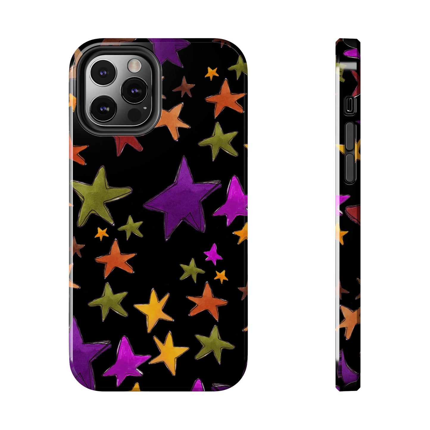 Phone case with colorful stars in purple, orange, yellow, and green on a black background.