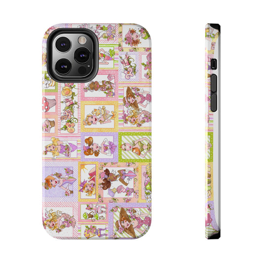 Colorful phone case with cartoon fairies and flowers in pink, green, and yellow squares.