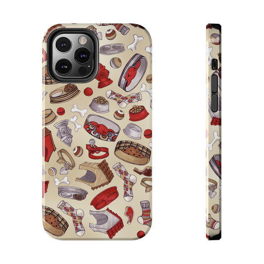 Phone case with a playful design of dog-related items in red, brown, and beige on a cream background.