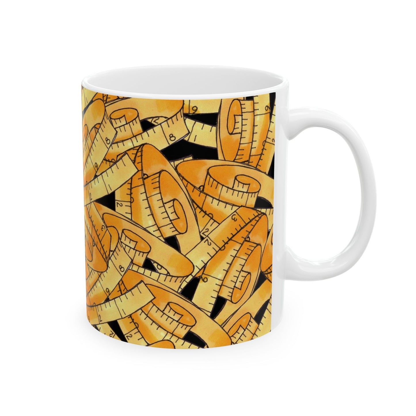 White mug with a design of overlapping yellow measuring tapes on a black background.