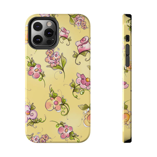 Yellow phone case with pink floral pattern and green leaves, showing front and side views.