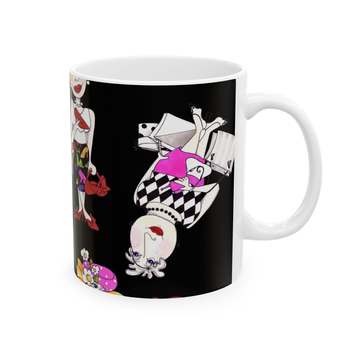 White mug with colorful cartoon characters on a black background, featuring pink, red, and yellow details.
