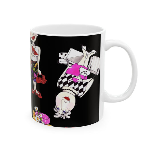 White mug with colorful cartoon characters on a black background, featuring pink, red, and yellow details.