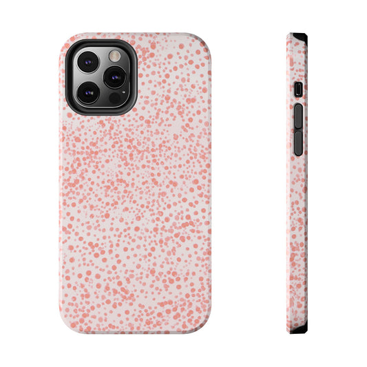 Phone case with pink polka dot pattern on white background, shown from back and side angles.