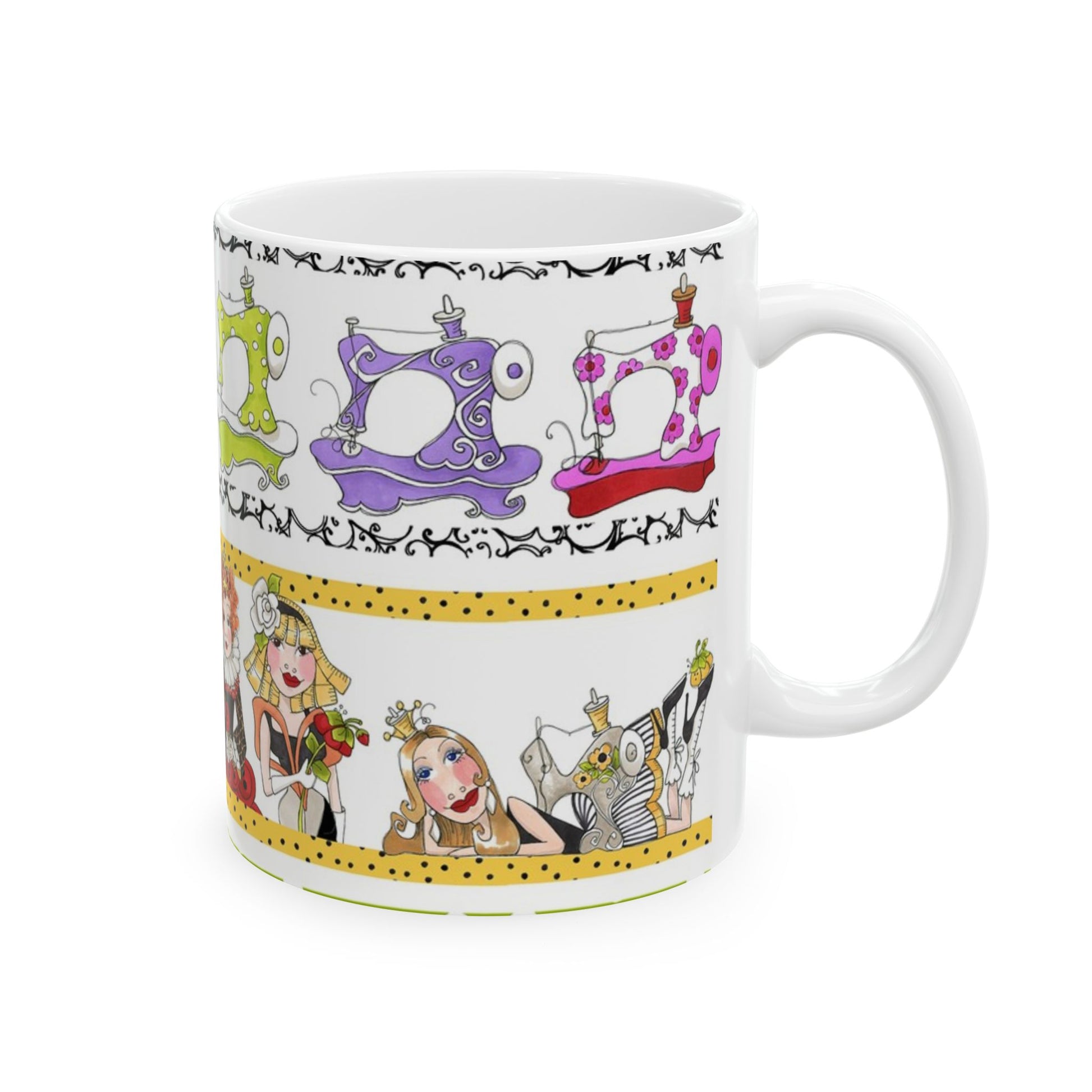 White mug with colorful sewing machines, floral patterns, and stylized women illustrations.