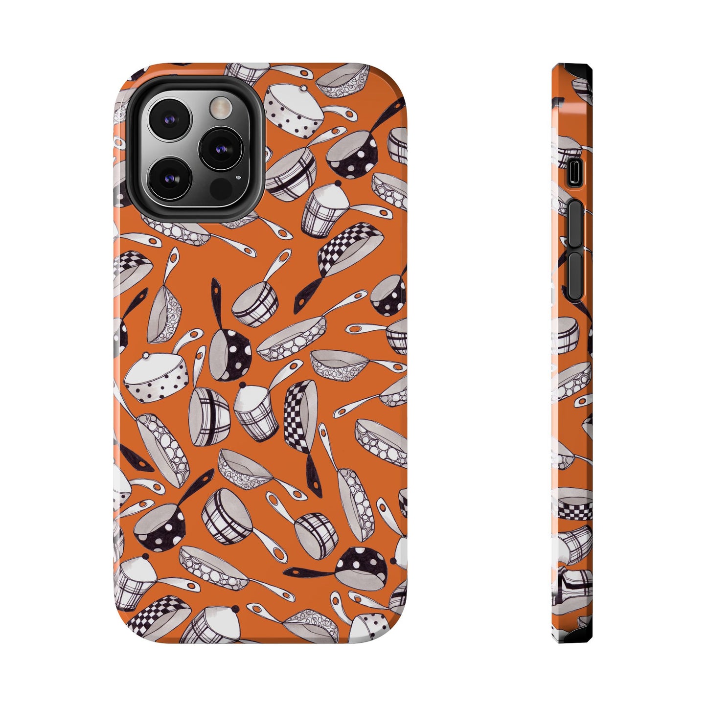 Orange phone case with black and white kitchen utensil pattern, featuring pans and ladles.