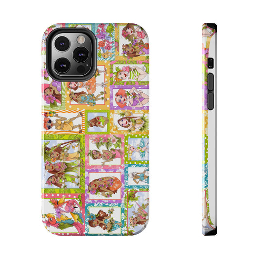 Colorful phone case with cartoon animals and flowers in framed sections; bright and playful design.