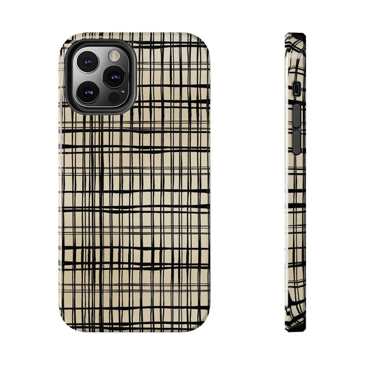 Beige phone case with black crisscross grid pattern, shown front and side views.