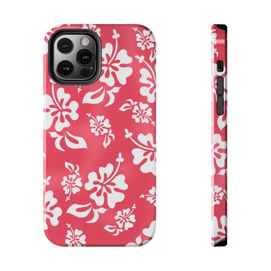 Red phone case with white hibiscus flower pattern, shown from the back and side.