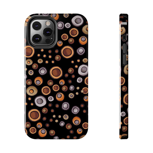 Black phone case with orange and white concentric circles pattern, seen from front and side.