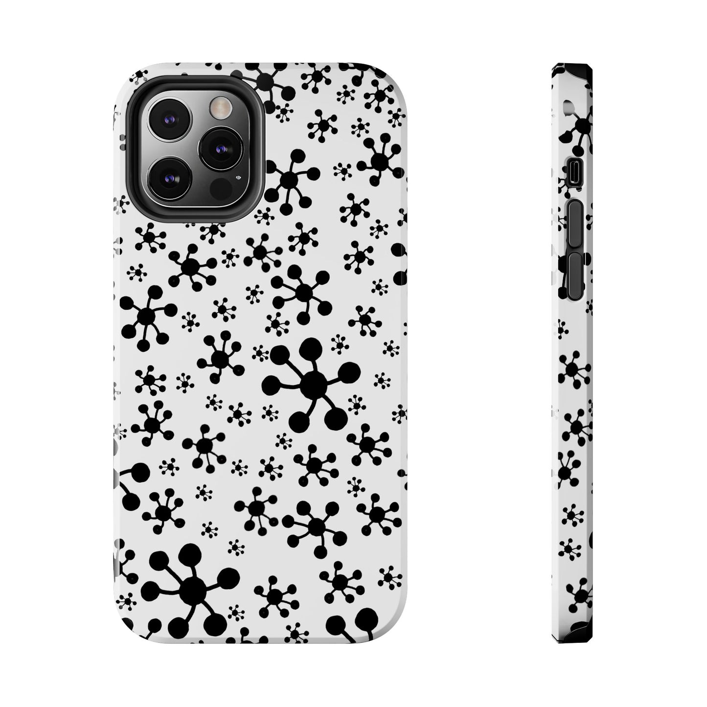 White phone case with black abstract molecular pattern, showcasing rear and side views.