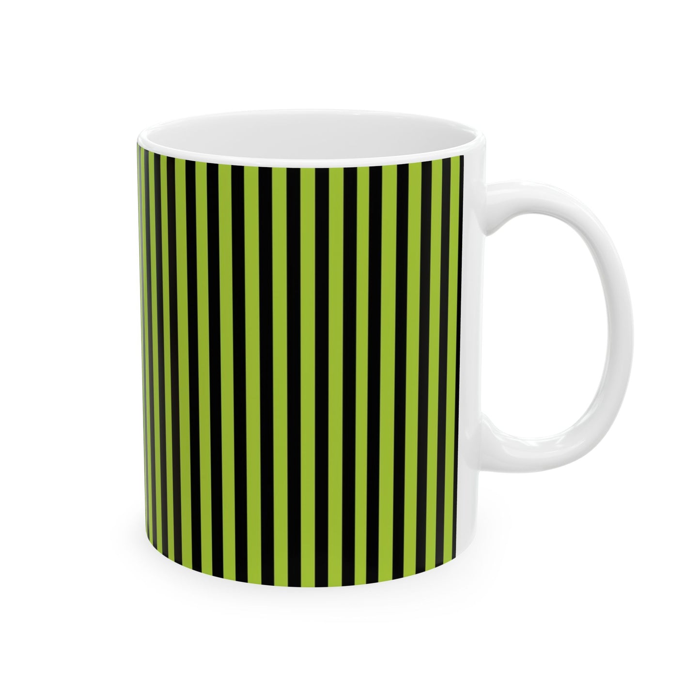 White mug with black and green vertical stripes covering its surface.