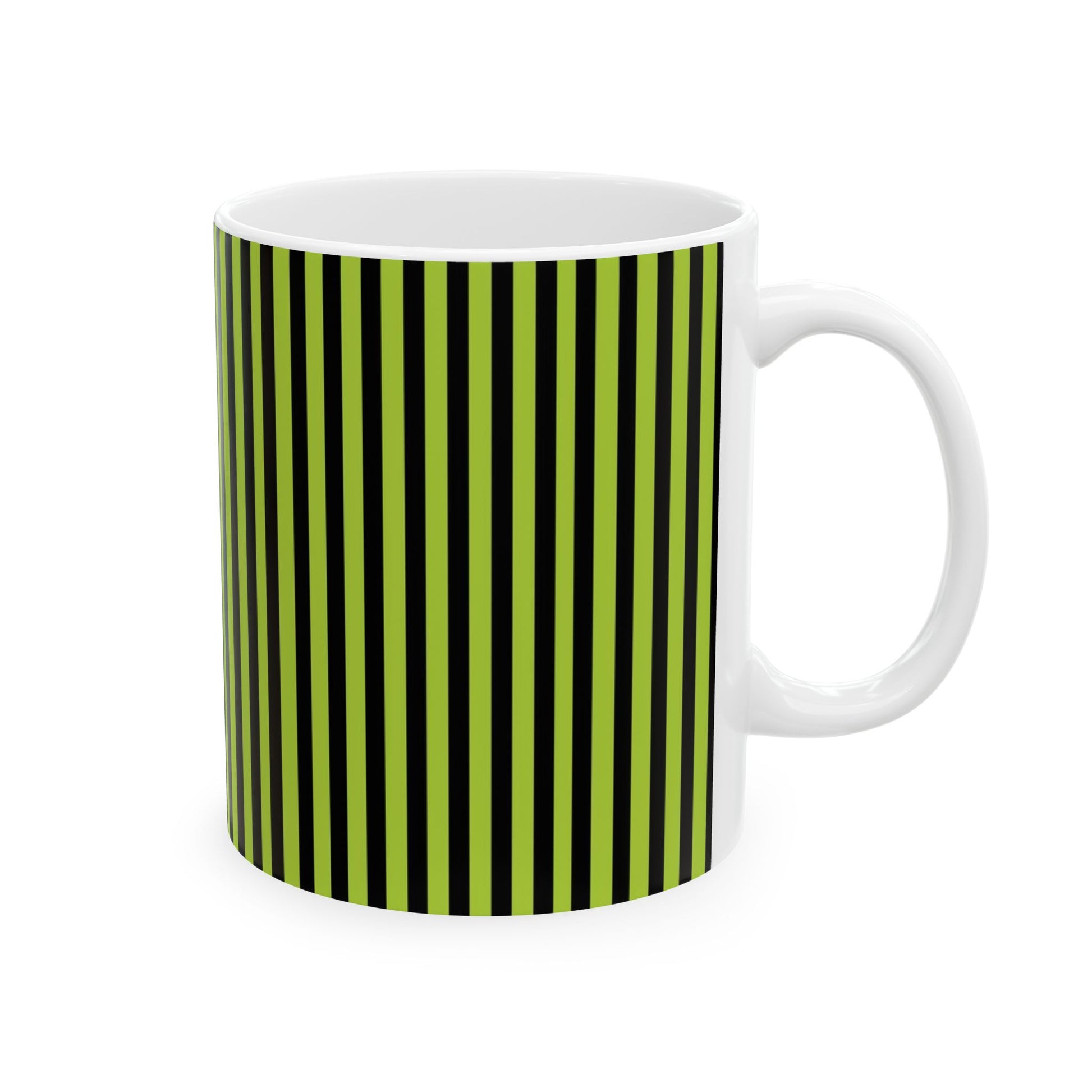 White mug with black and green vertical stripes covering its surface.