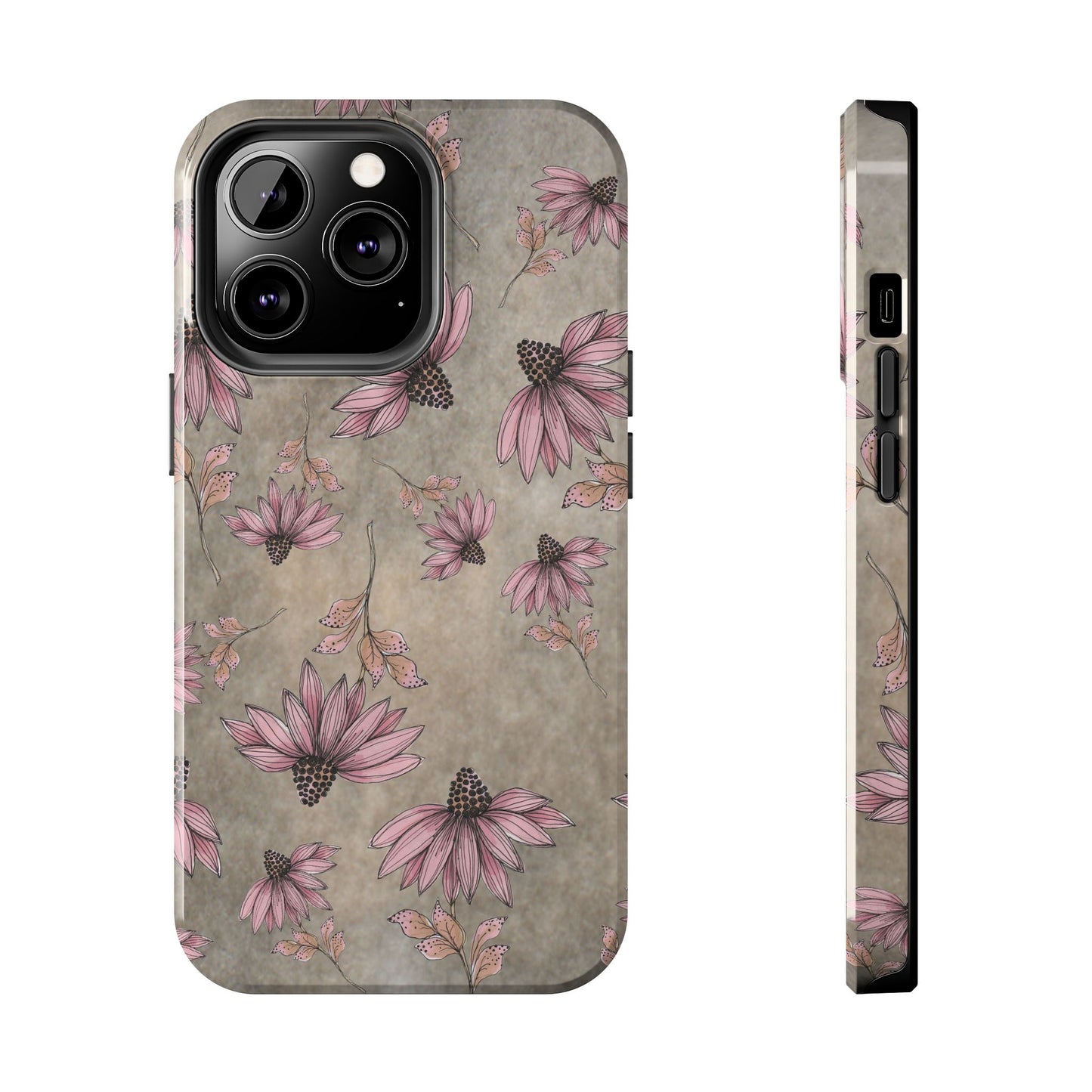 Phone case with pink and black floral pattern on a gray background, shown front and side views.