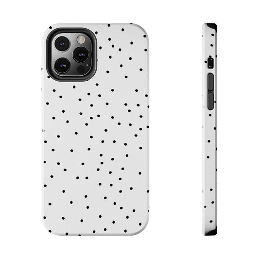 White phone case with black polka dots, showing back and side views.