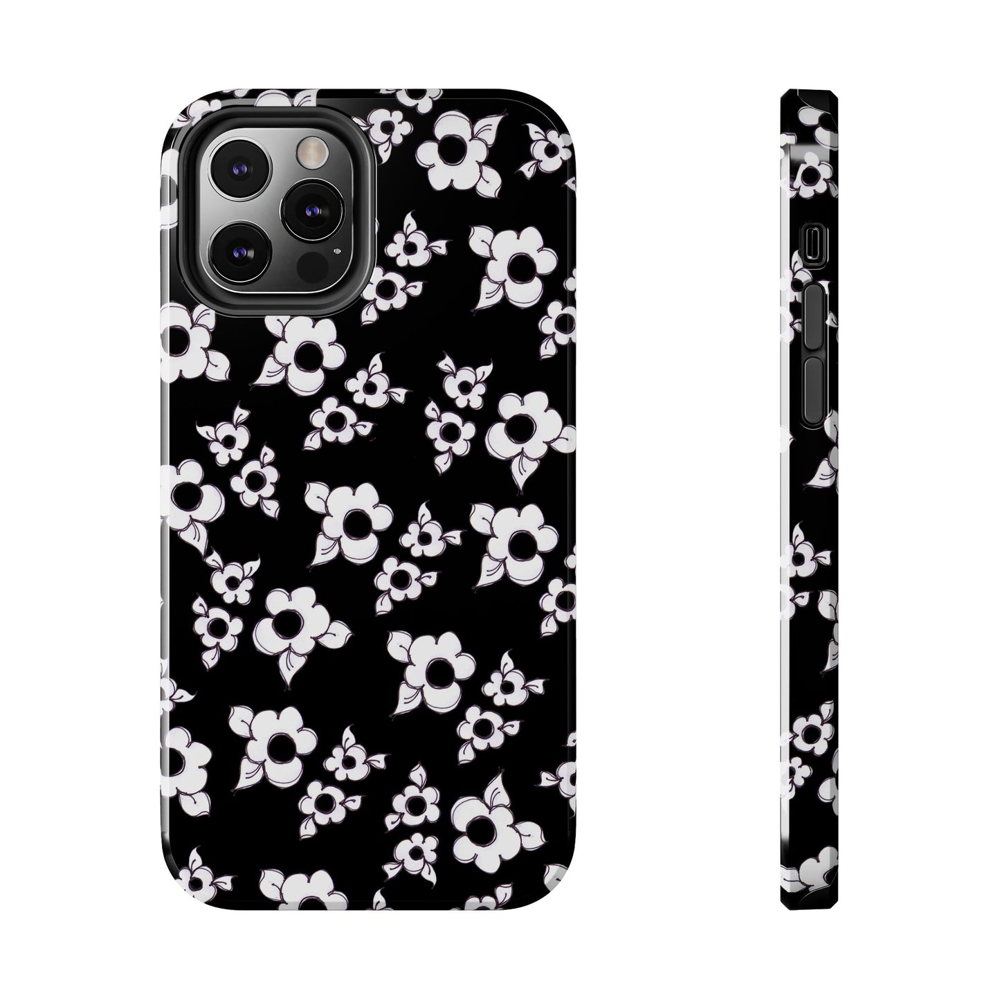 Black phone case with white floral pattern and visible camera cutouts.