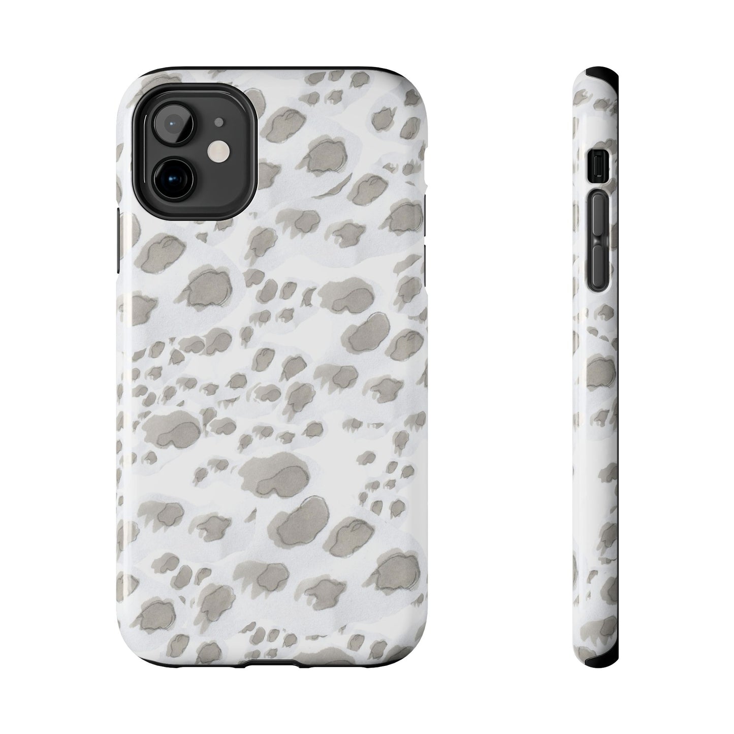 White phone case with gray, abstract spots, resembling animal print. Camera and buttons visible.