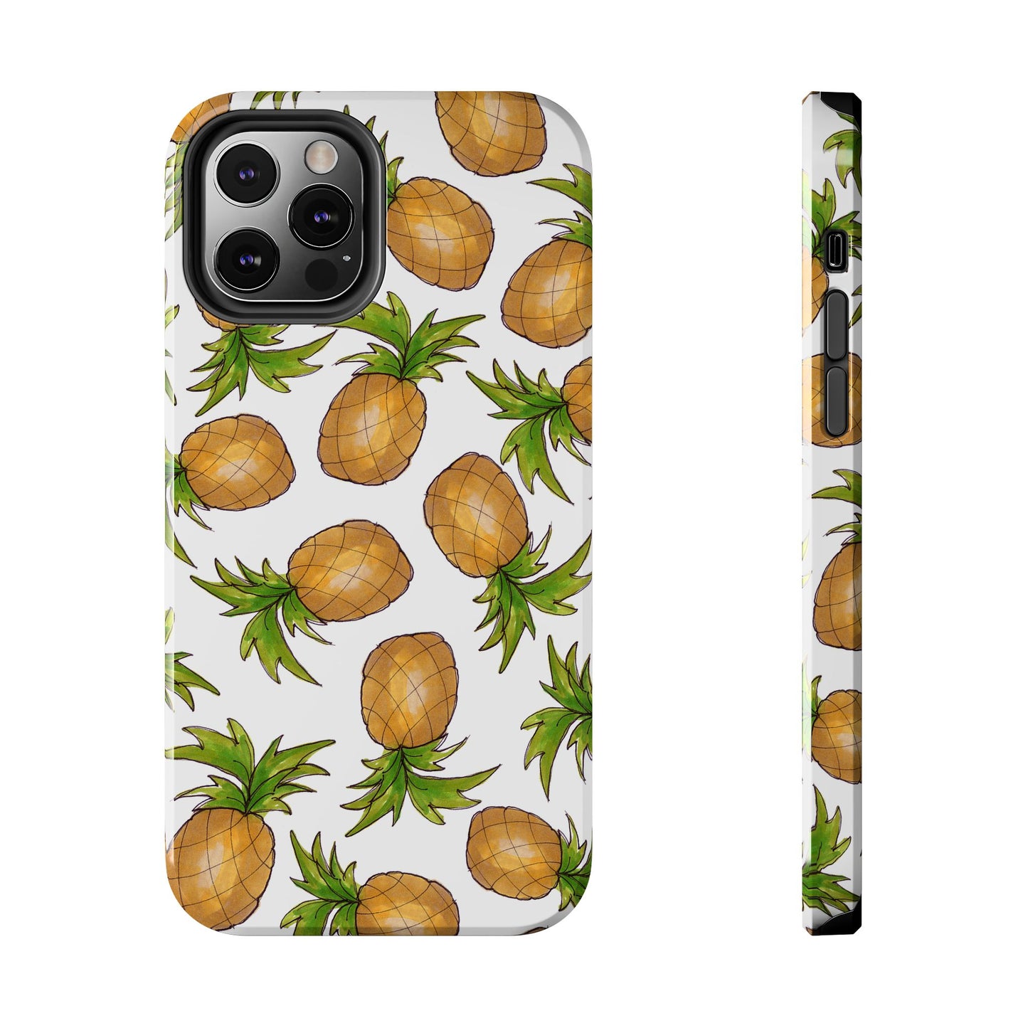 Phone case with illustrated pineapples, green leaves, on a white background; camera visible.