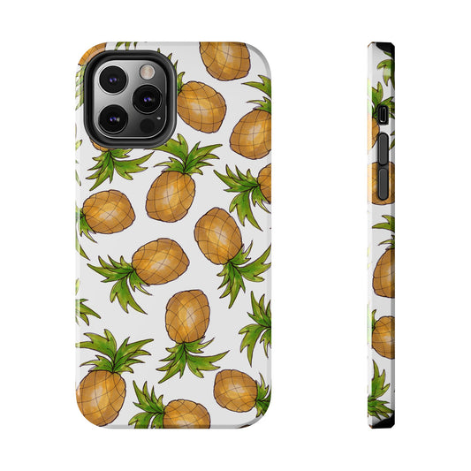 Phone case with illustrated pineapples, green leaves, on a white background; camera visible.
