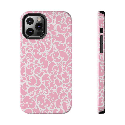 Pink phone case with white ornate swirl pattern, showing back and side views.