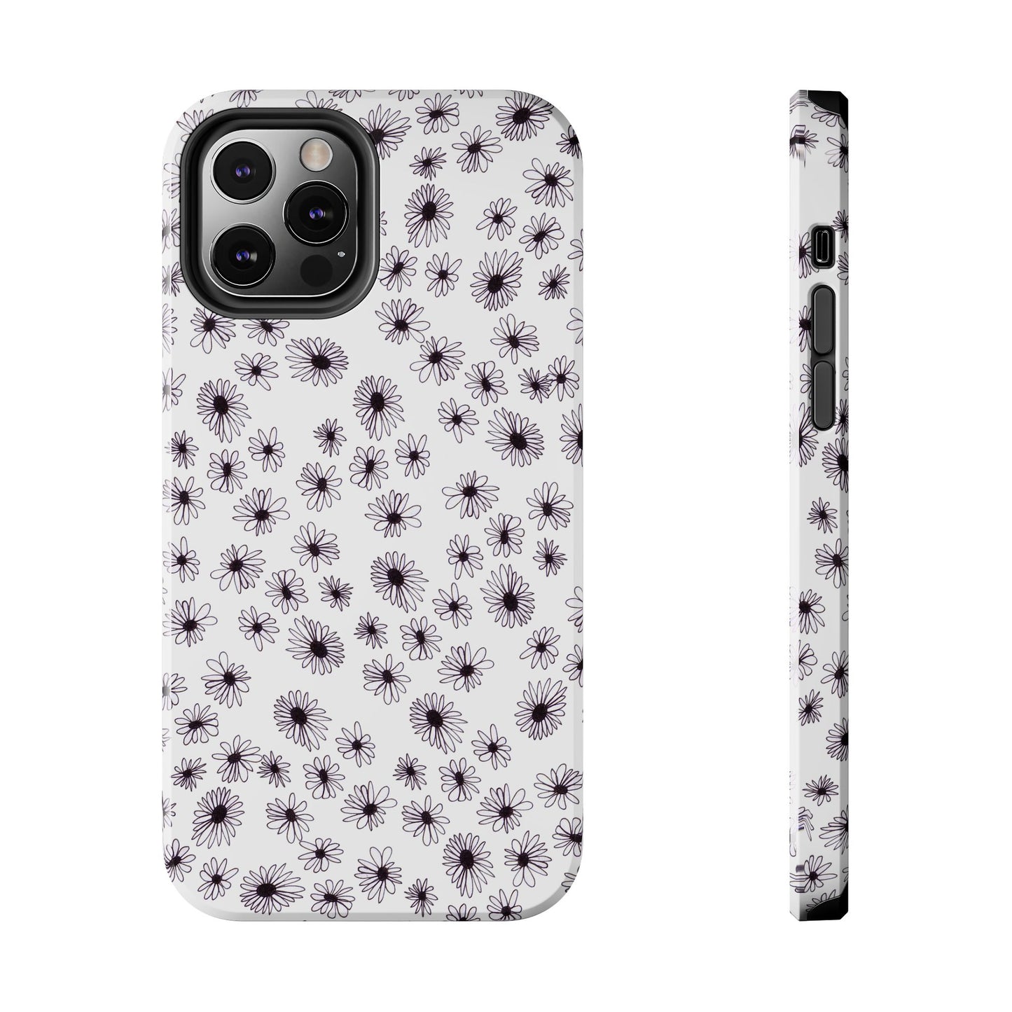 White phone case with black daisy pattern, showing rear and side views.